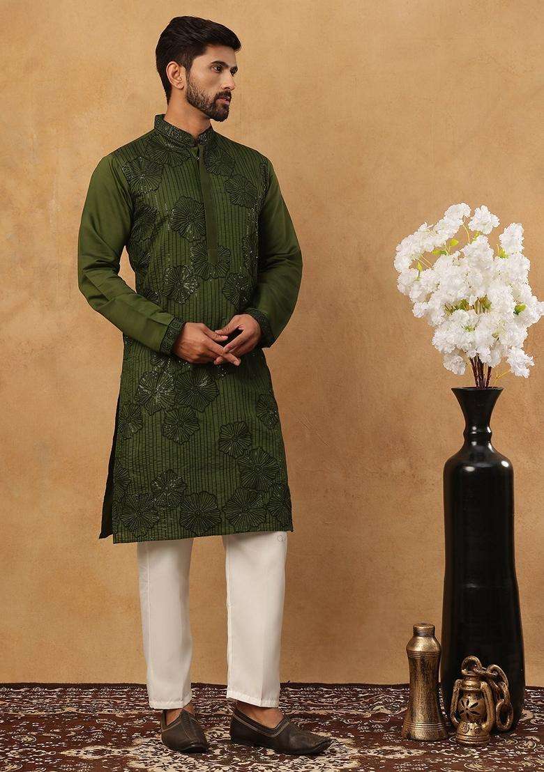 Olive Floral Print Silk Blend Kurta Pyjama Set For Men - Indya