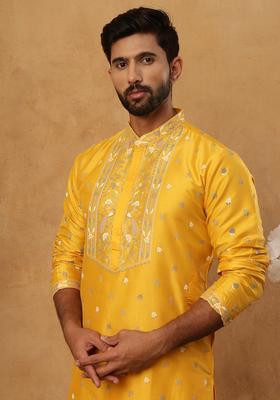 Mustard Floral Print Silk Kurta Pyjama Set For Men