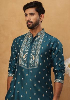 Peacock Floral Print Silk Blend Kurta Pyjama Set For Men