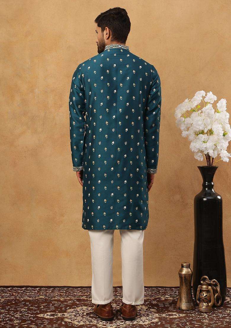 Peacock Floral Print Silk Blend Kurta Pyjama Set For Men - Indya