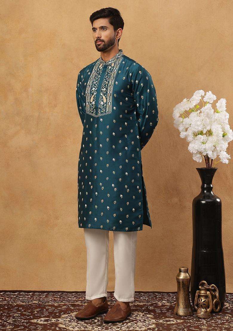 Peacock Floral Print Silk Blend Kurta Pyjama Set For Men - Indya