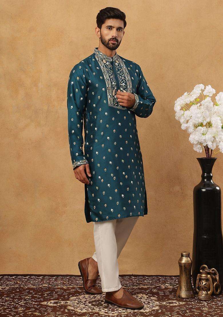 Peacock Floral Print Silk Blend Kurta Pyjama Set For Men - Indya