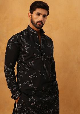 Black Animal Print Silk Blend Kurta Pyjama Set For Men