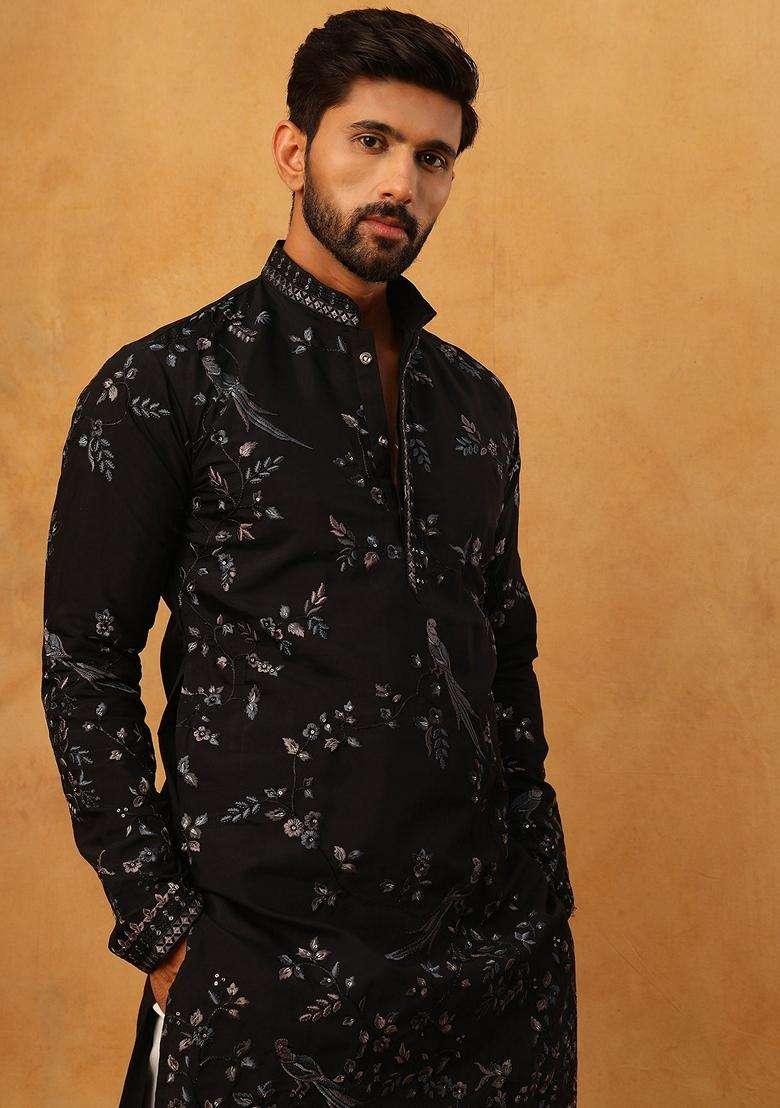 Black Animal Print Silk Blend Kurta Pyjama Set For Men - Indya