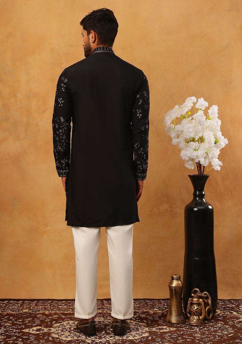 Black Animal Print Silk Blend Kurta Pyjama Set For Men - Indya