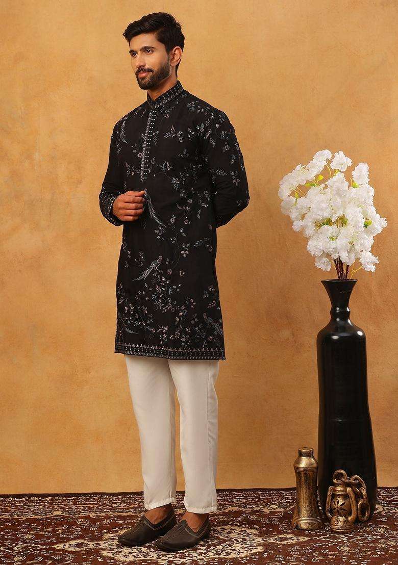 Black Animal Print Silk Blend Kurta Pyjama Set For Men - Indya