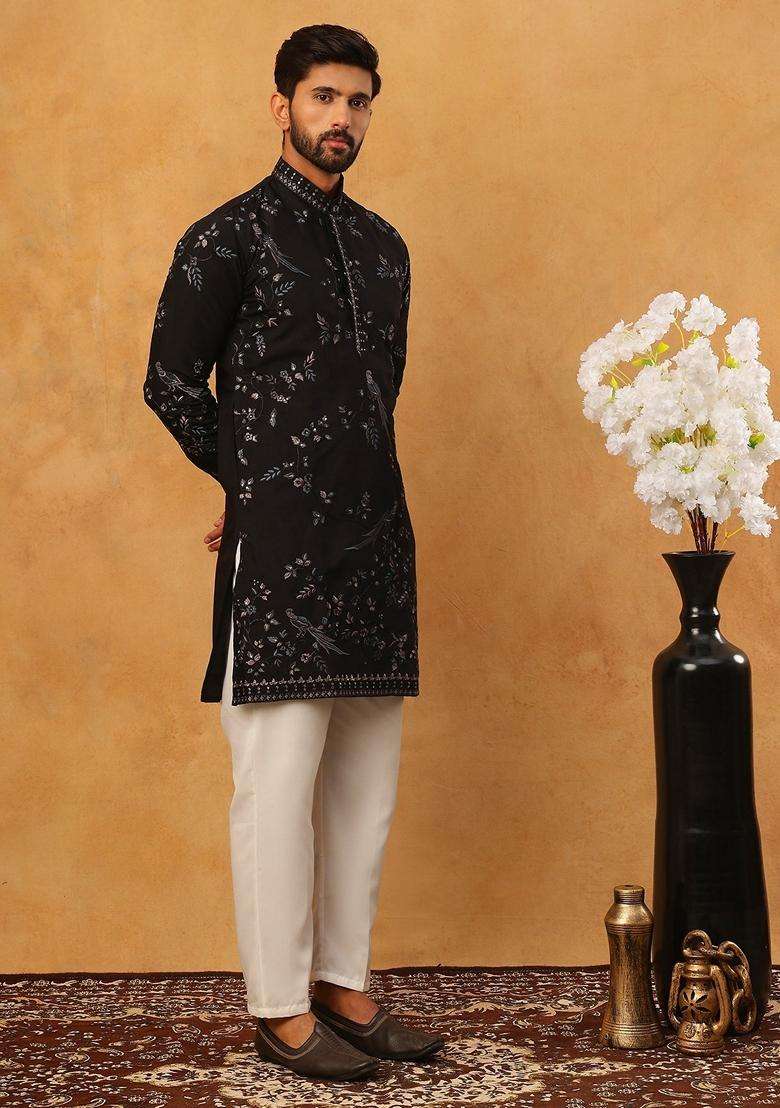 Black Animal Print Silk Blend Kurta Pyjama Set For Men - Indya