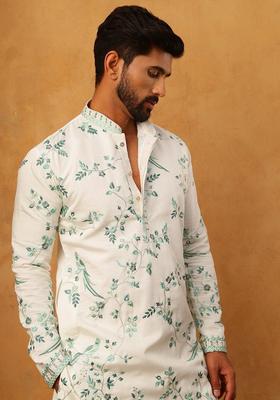White Animal Print Silk Blend Kurta Pyjama Set For Men