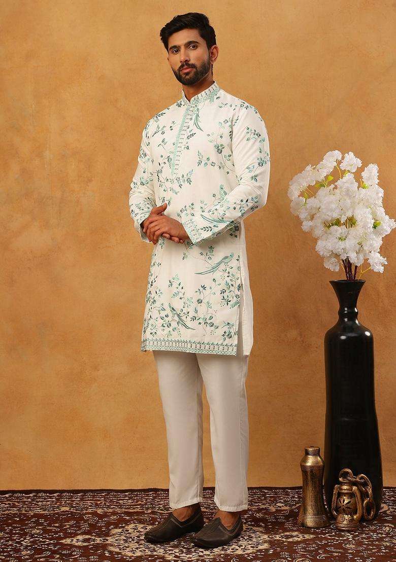 White Animal Print Silk Blend Kurta Pyjama Set For Men - Indya