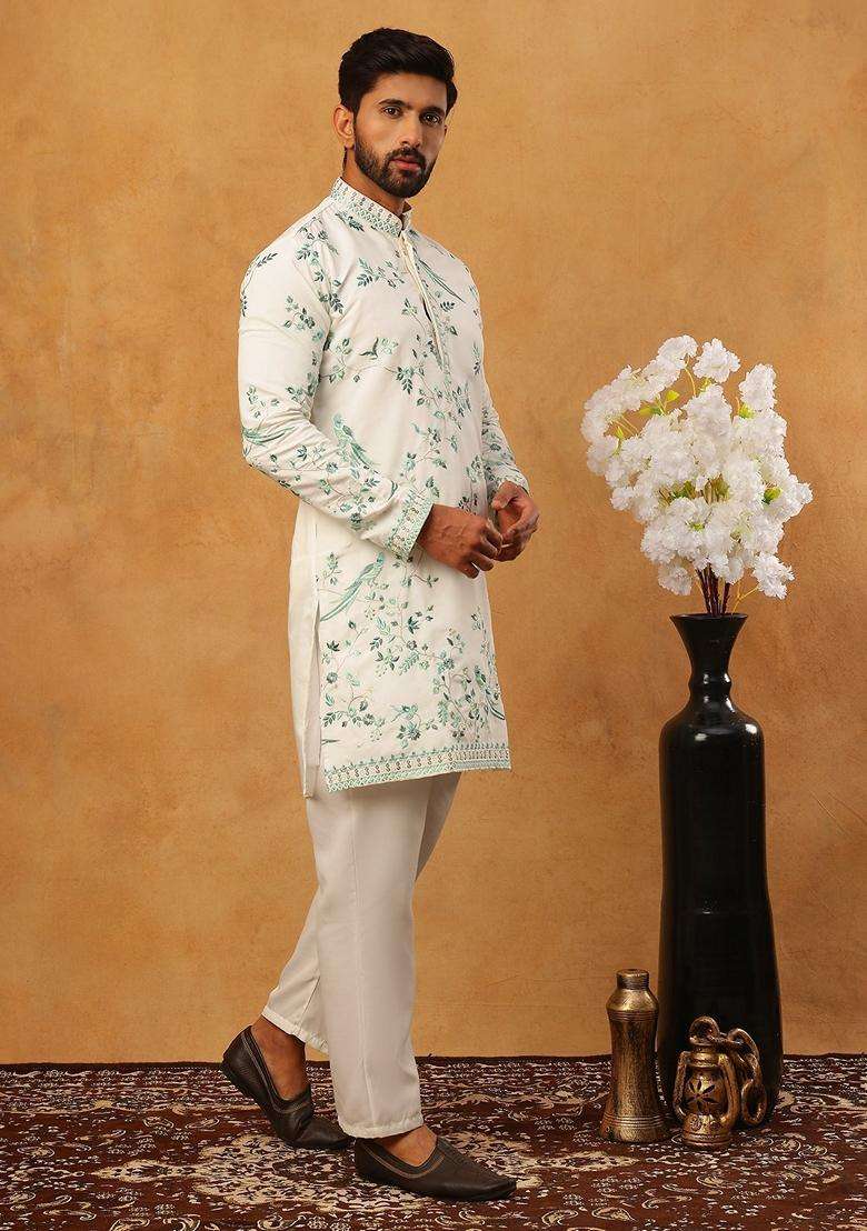 White Animal Print Silk Blend Kurta Pyjama Set For Men - Indya