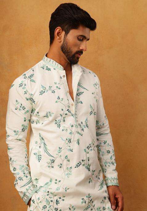 White Animal Print Silk Blend Kurta Pyjama Set For Men