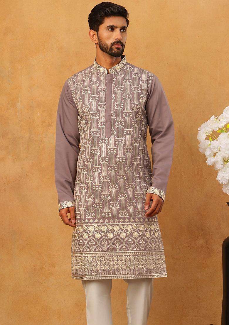 Purple Geometric Silk Blend Kurta Pyjama Set For Men - Indya