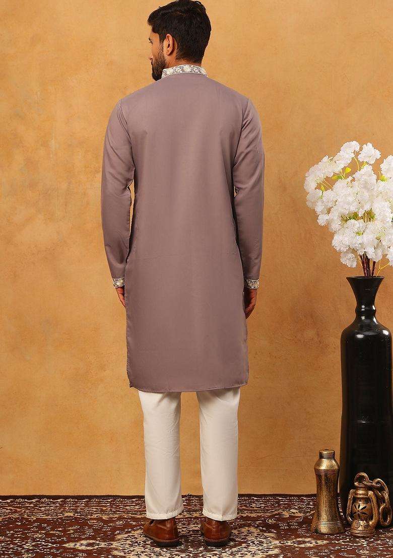 Purple Geometric Silk Blend Kurta Pyjama Set For Men - Indya