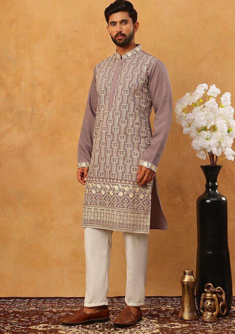 Purple Geometric Silk Blend Kurta Pyjama Set For Men - Indya