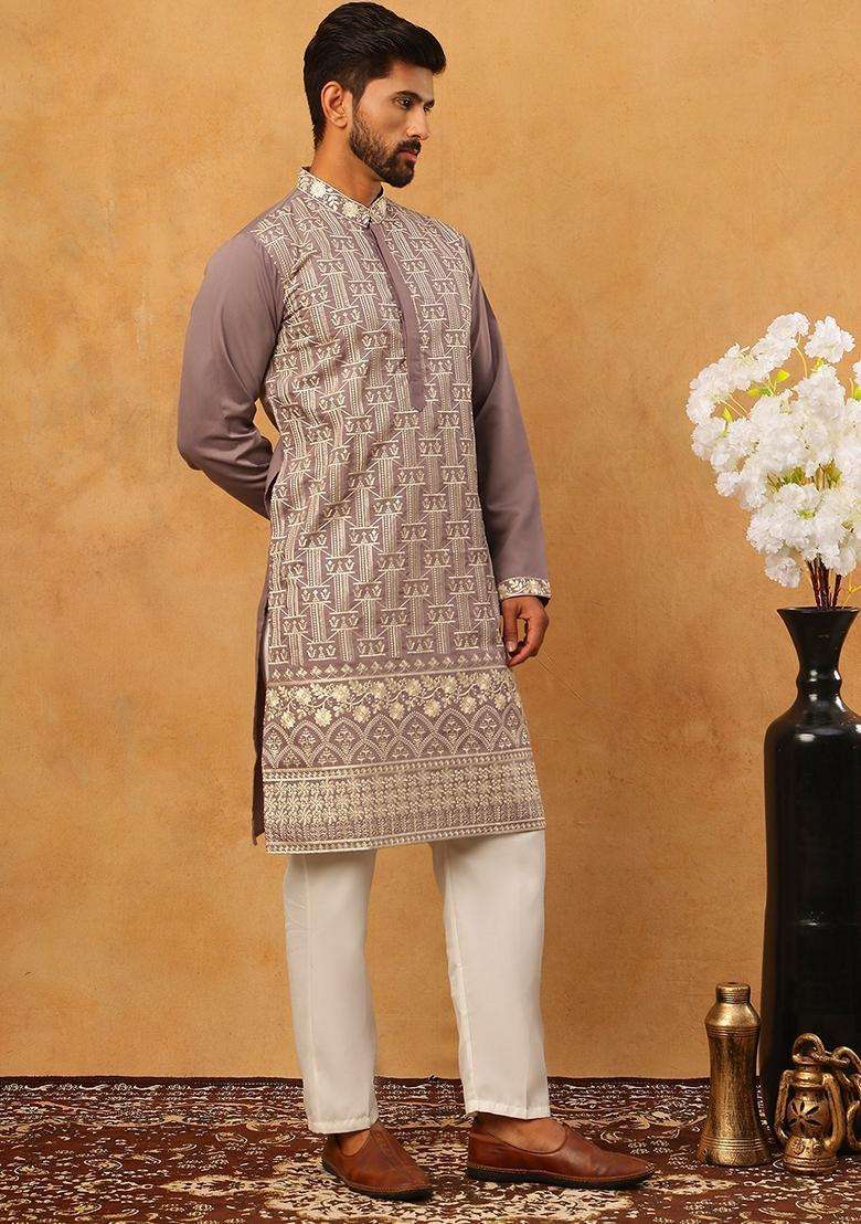 Purple Geometric Silk Blend Kurta Pyjama Set For Men - Indya
