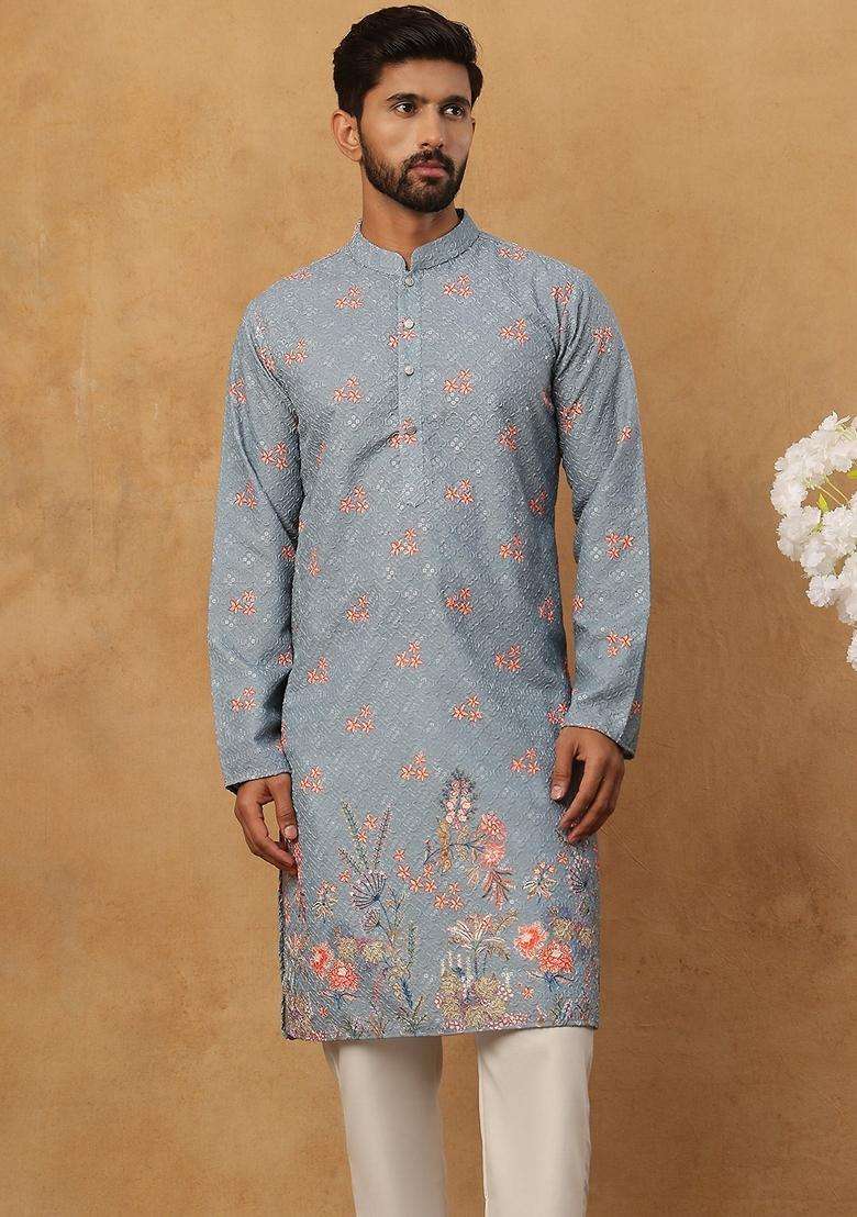 Blue Floral Print Cotton Kurta Pyjama Set For Men - Indya