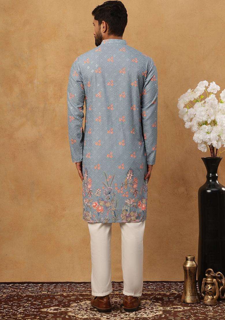 Blue Floral Print Cotton Kurta Pyjama Set For Men - Indya