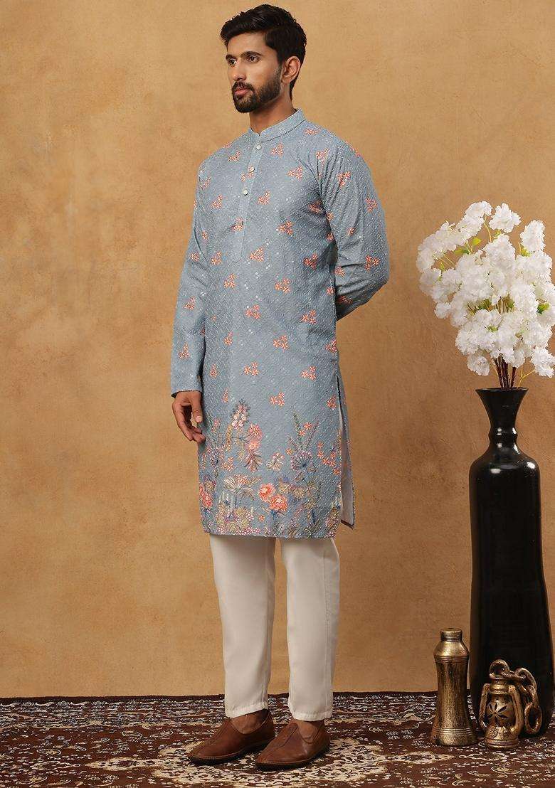 Blue Floral Print Cotton Kurta Pyjama Set For Men - Indya