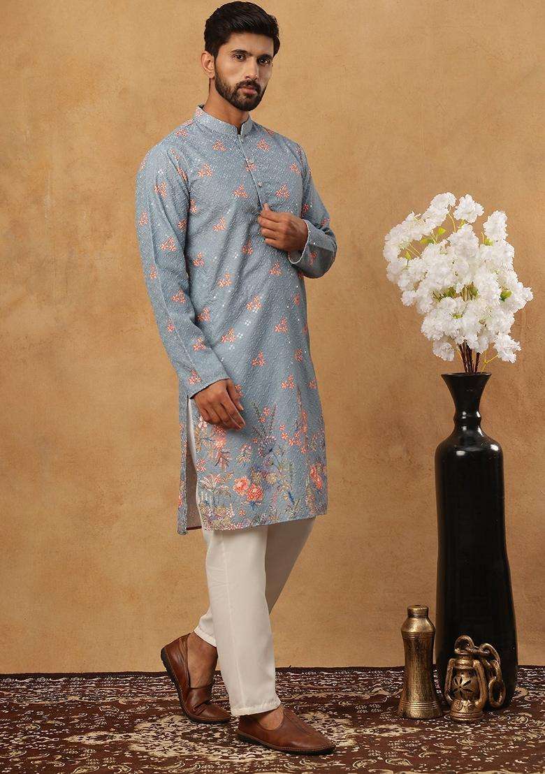 Blue Floral Print Cotton Kurta Pyjama Set For Men - Indya