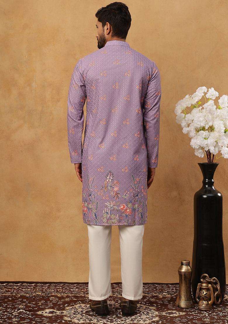 Purple Floral Print Cotton Kurta Pyjama Set For Men - Indya