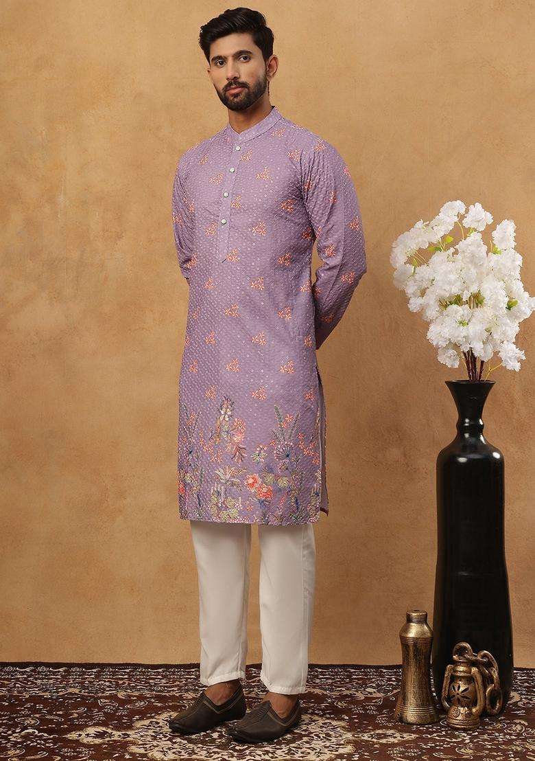 Purple Floral Print Cotton Kurta Pyjama Set For Men - Indya