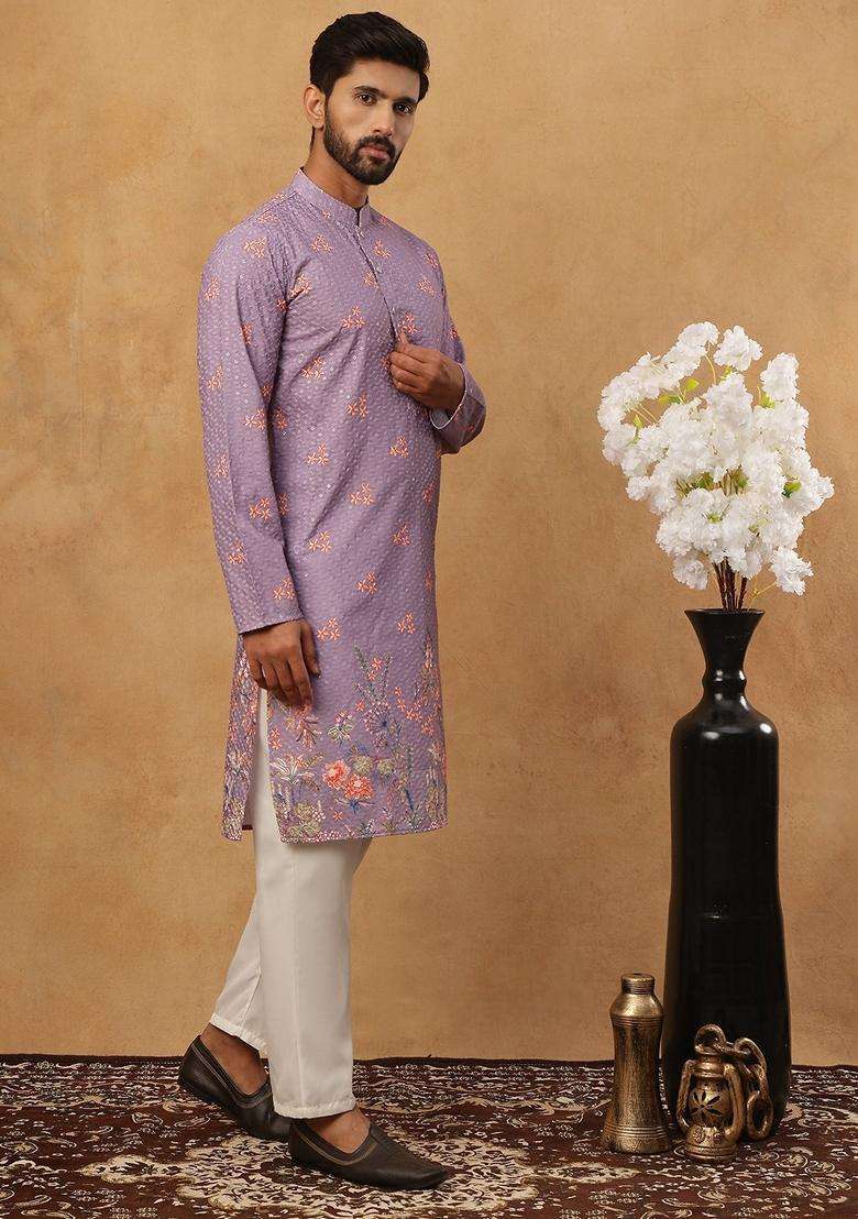 Purple Floral Print Cotton Kurta Pyjama Set For Men - Indya