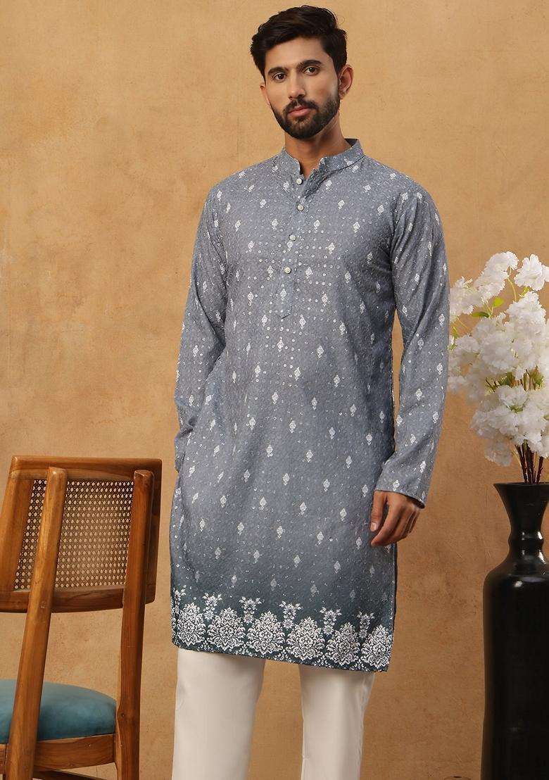 Grey Floral Print Cotton Kurta Pyjama Set For Men - Indya