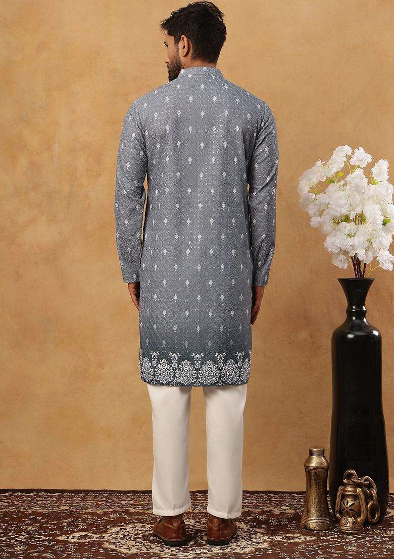 Grey Floral Print Cotton Kurta Pyjama Set For Men - Indya