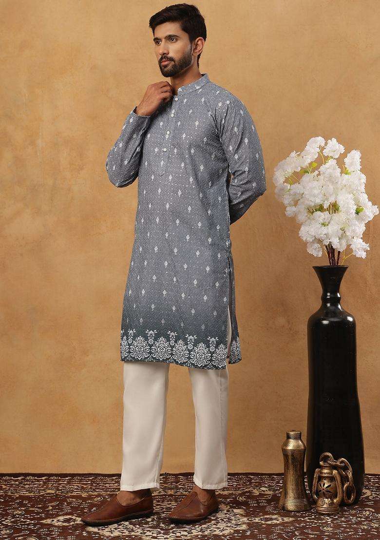 Grey Floral Print Cotton Kurta Pyjama Set For Men - Indya