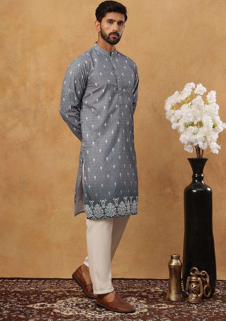 Grey Floral Print Cotton Kurta Pyjama Set For Men - Indya