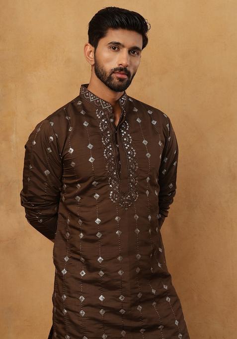 Brown Geometric Silk Kurta Pyjama Set For Men