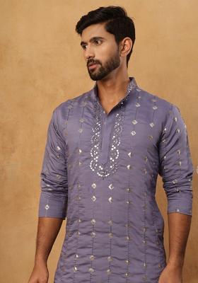 Purple Geometric Silk Kurta Pyjama Set For Men
