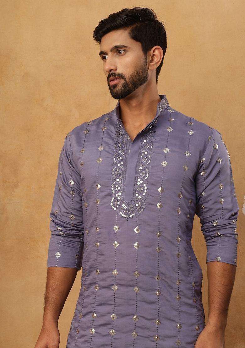 Purple Geometric Silk Blend Kurta Pyjama Set For Men - Indya