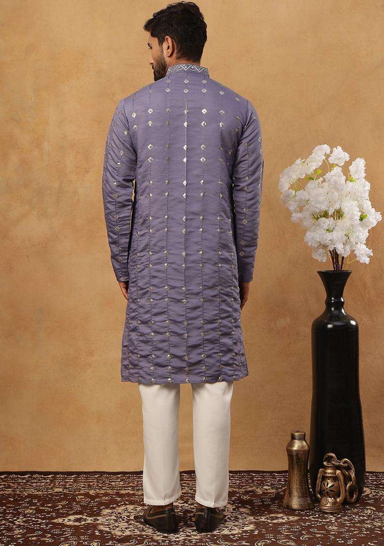 Purple Geometric Silk Blend Kurta Pyjama Set For Men - Indya