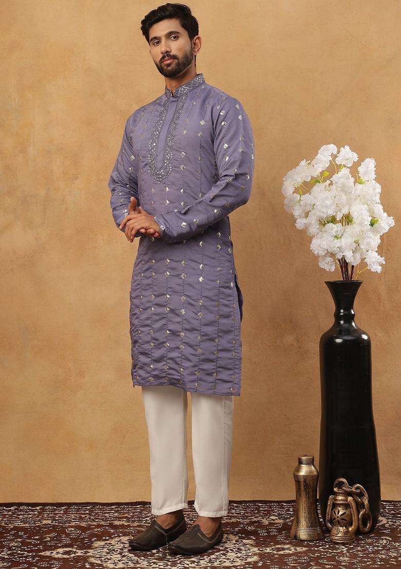 Purple Geometric Silk Blend Kurta Pyjama Set For Men - Indya