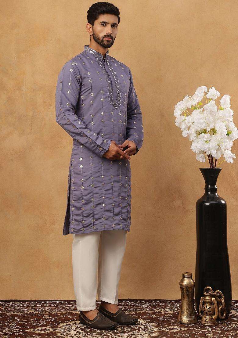 Purple Geometric Silk Blend Kurta Pyjama Set For Men - Indya