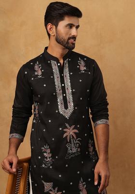 Black Floral Print Silk Kurta Pyjama Set For Men