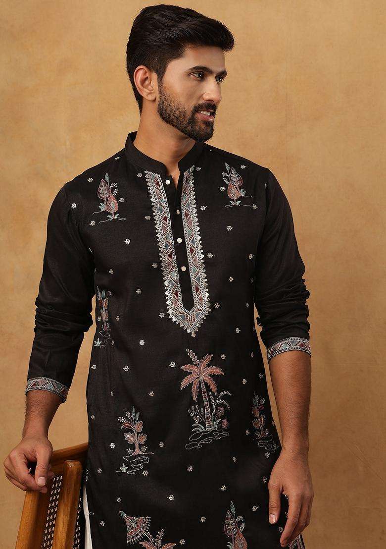 Black Floral Print Silk Blend Kurta Pyjama Set For Men - Indya
