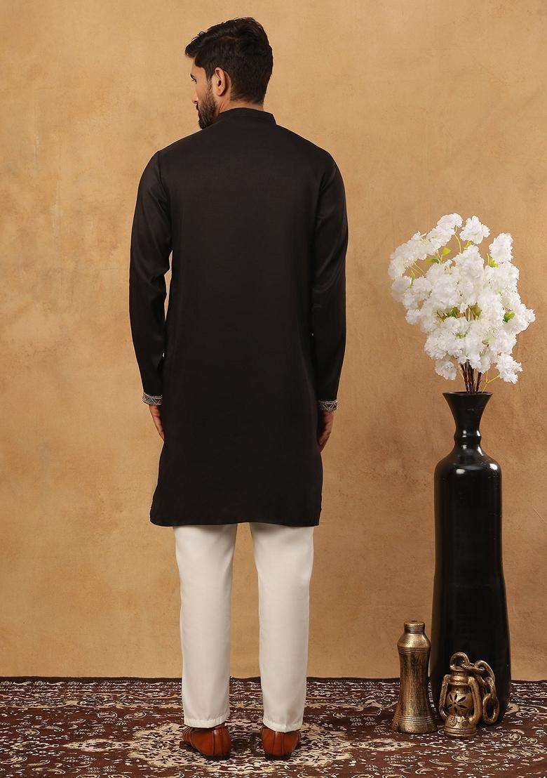 Black Floral Print Silk Blend Kurta Pyjama Set For Men - Indya