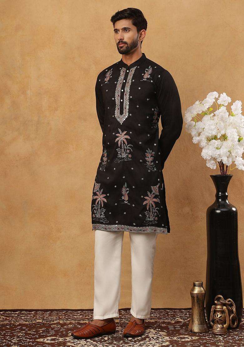 Black Floral Print Silk Blend Kurta Pyjama Set For Men - Indya
