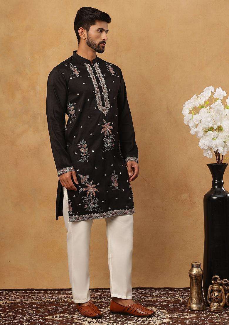 Black Floral Print Silk Blend Kurta Pyjama Set For Men - Indya