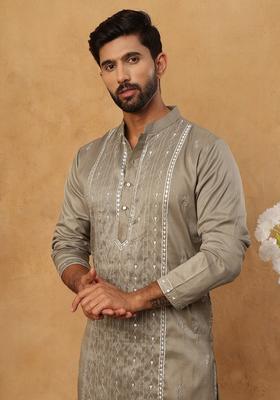 Beige Geometric Silk Kurta Pyjama Set For Men