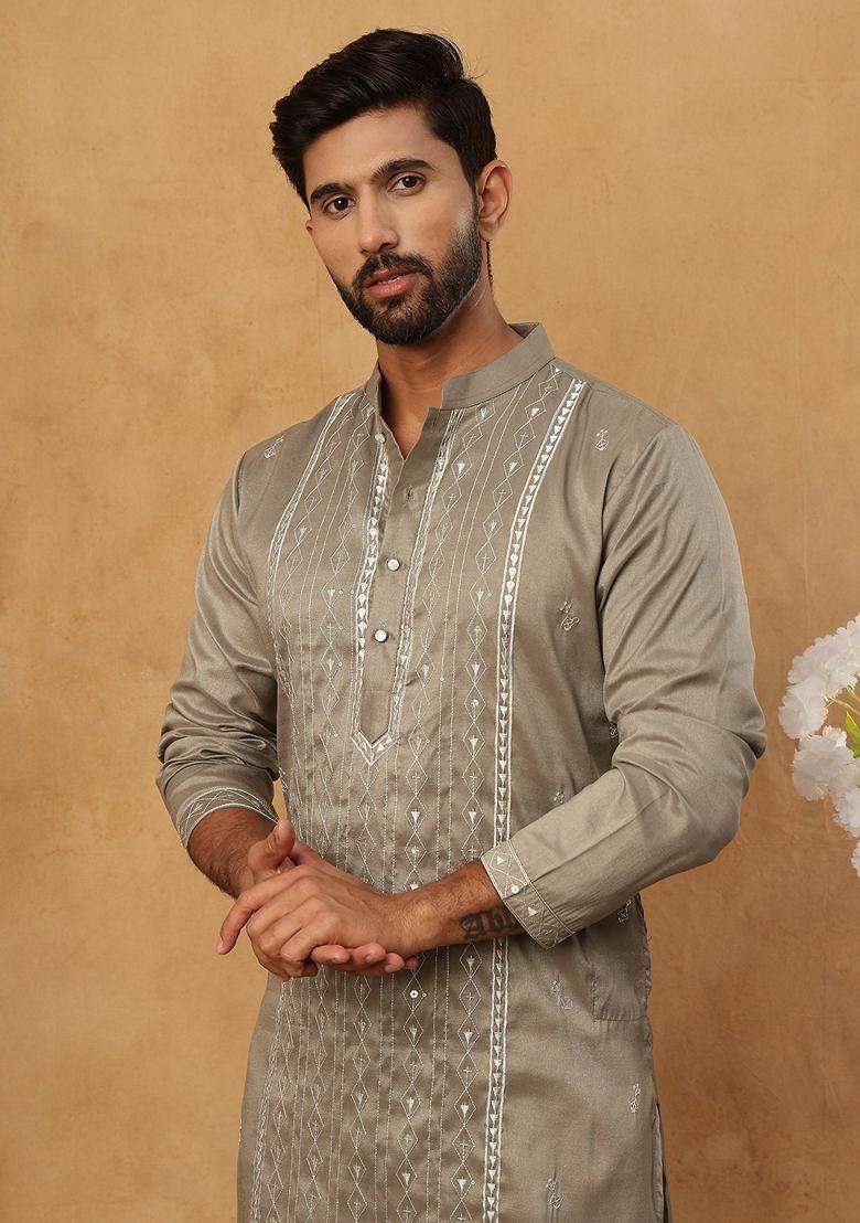 Beige Geometric Silk Blend Kurta Pyjama Set For Men - Indya