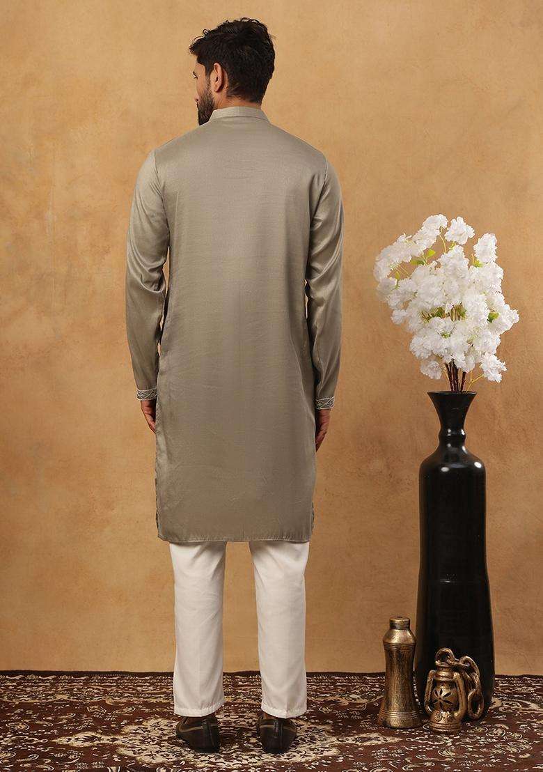 Beige Geometric Silk Blend Kurta Pyjama Set For Men - Indya