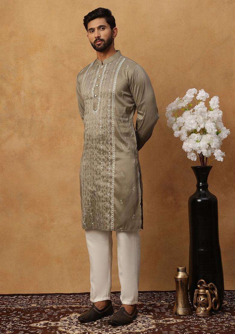 Beige Geometric Silk Blend Kurta Pyjama Set For Men - Indya