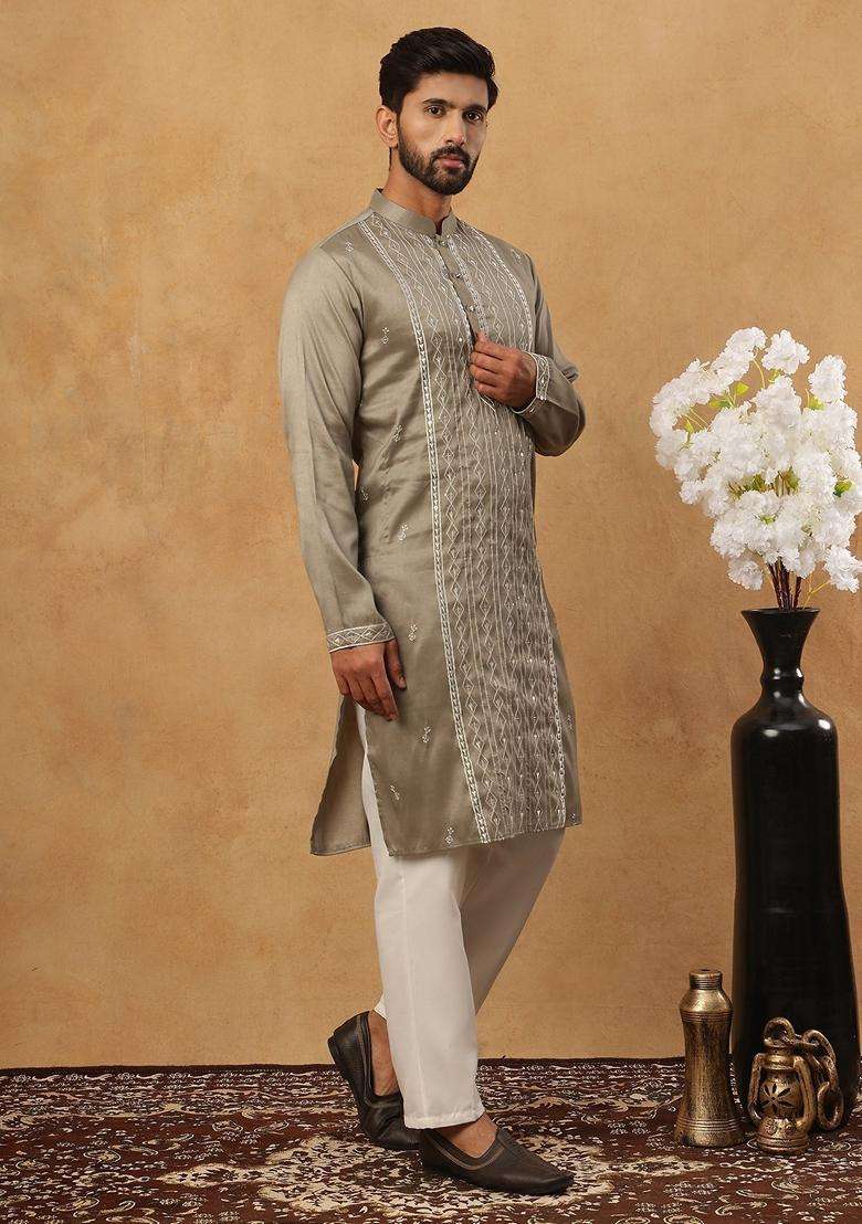 Beige Geometric Silk Blend Kurta Pyjama Set For Men - Indya