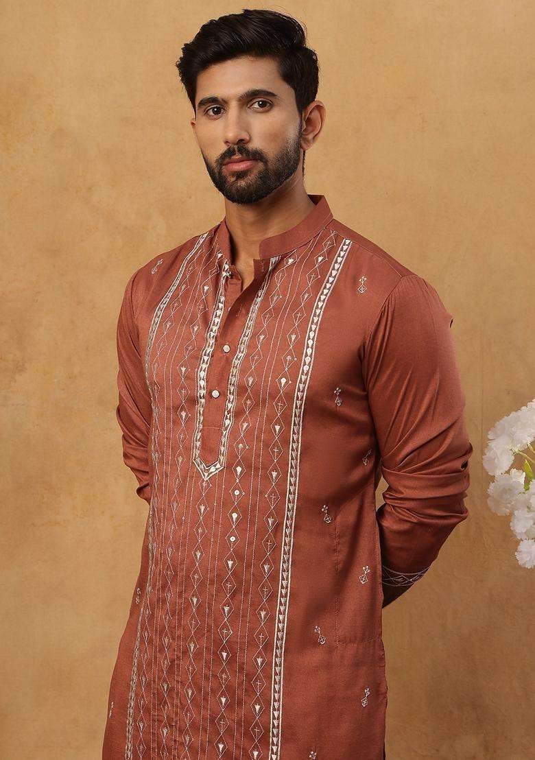 Brown Geometric Silk Blend Kurta Pyjama Set For Men - Indya