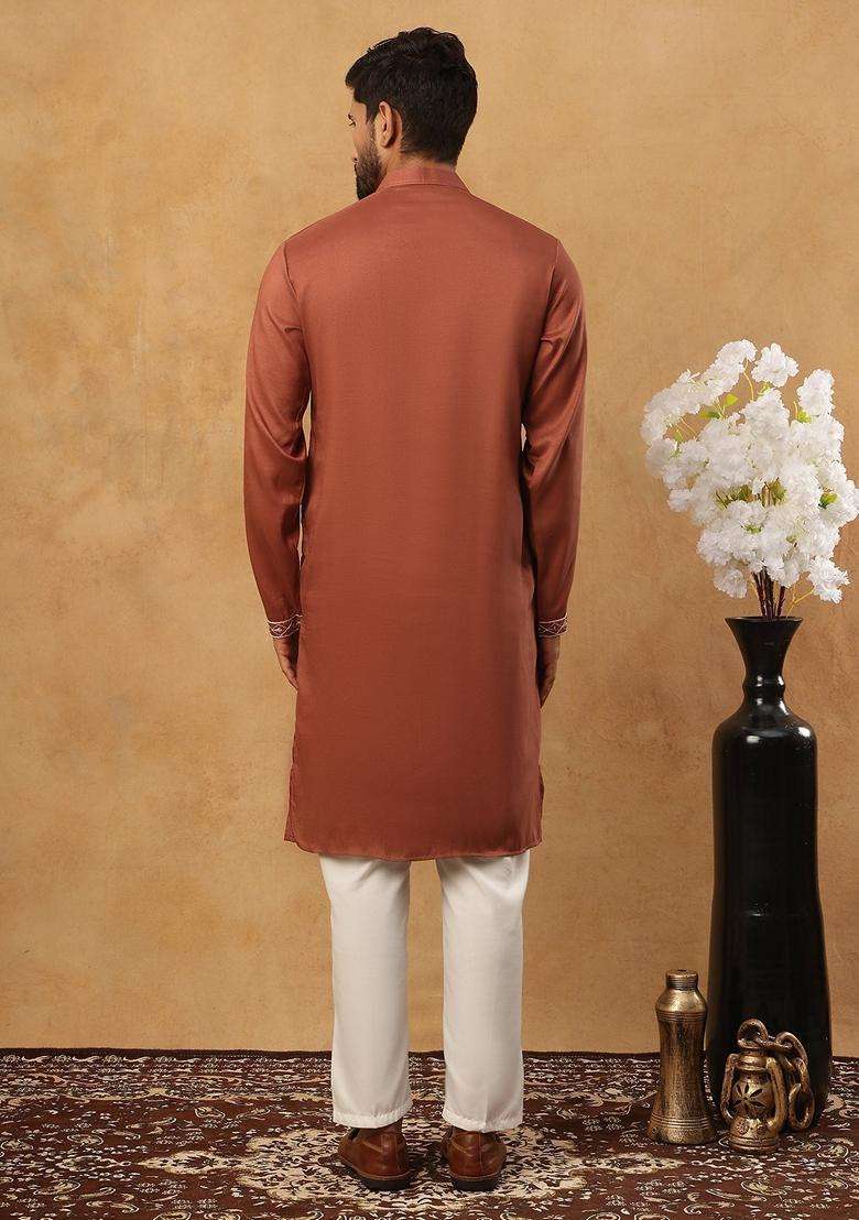 Brown Geometric Silk Blend Kurta Pyjama Set For Men - Indya