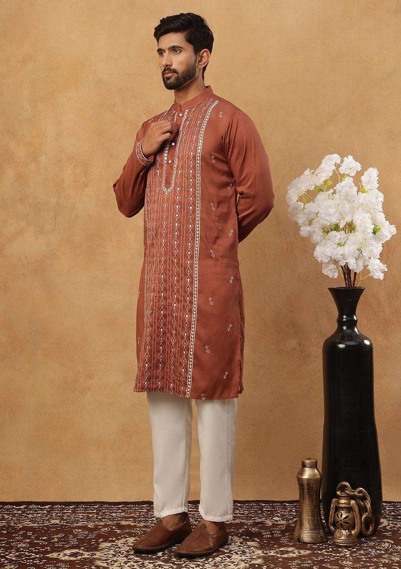 Brown Geometric Silk Blend Kurta Pyjama Set For Men - Indya
