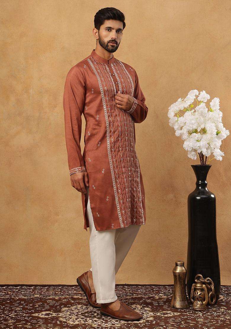 Brown Geometric Silk Blend Kurta Pyjama Set For Men - Indya